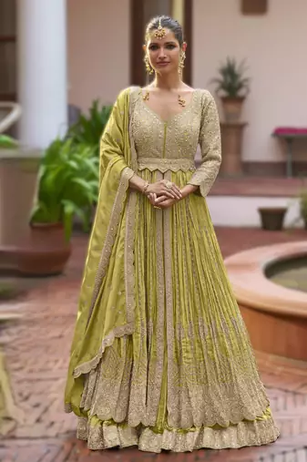 Green chinon embroidered top dupatta & skirt set