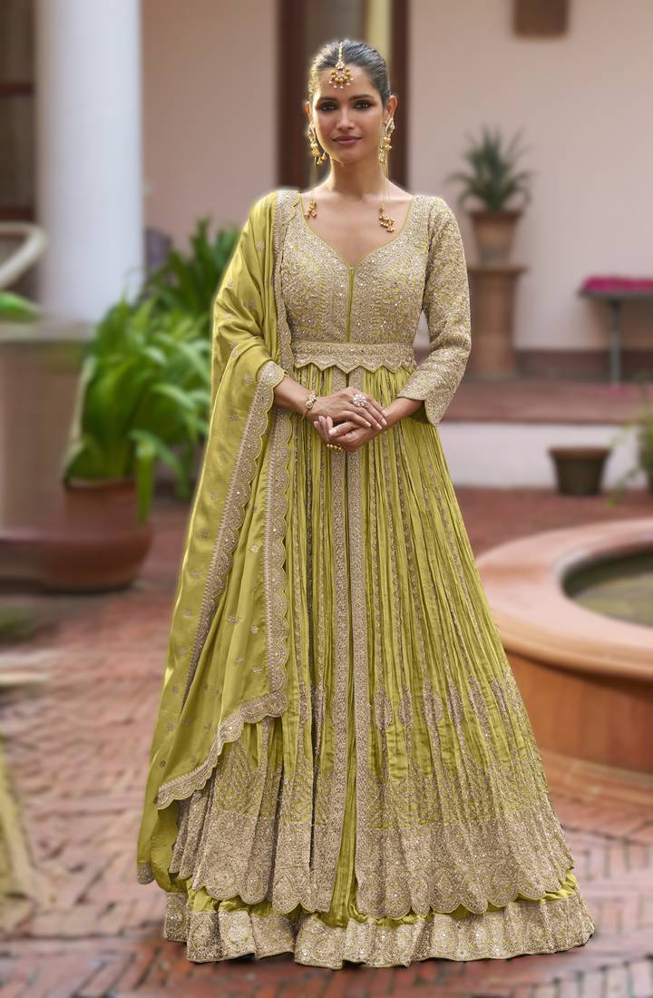 Green chinon embroidered top dupatta & skirt set
