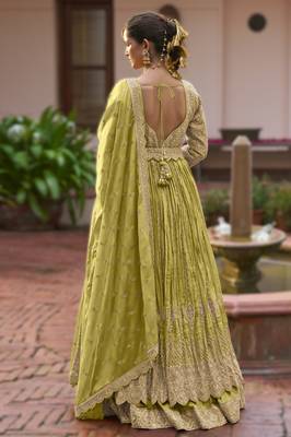 green chinon embroidered top dupatta & skirt set 2