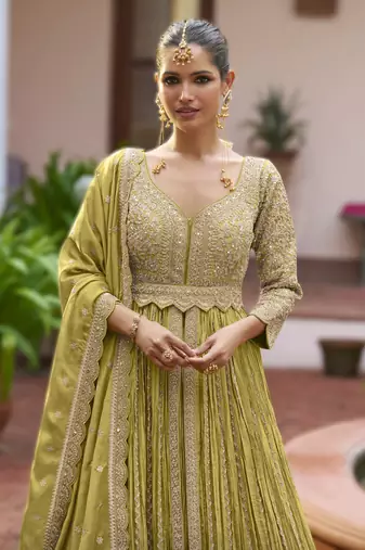 green chinon embroidered top dupatta & skirt set