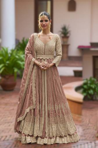 Peach chinon embroidered top dupatta & skirt set