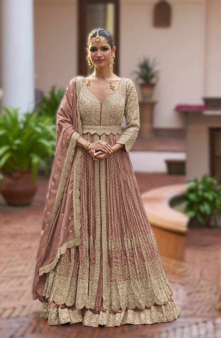 Peach chinon embroidered top dupatta & skirt set