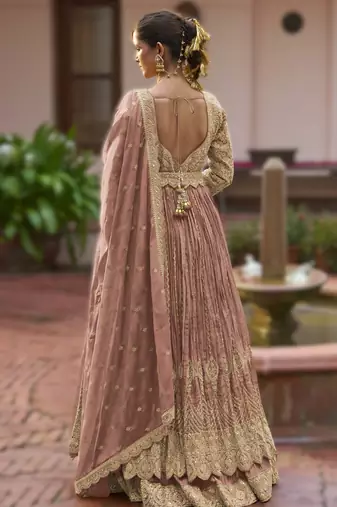 Peach chinon embroidered top dupatta & skirt set