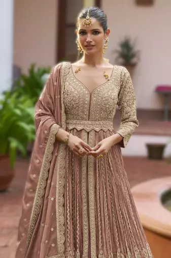 Peach chinon embroidered top dupatta & skirt set