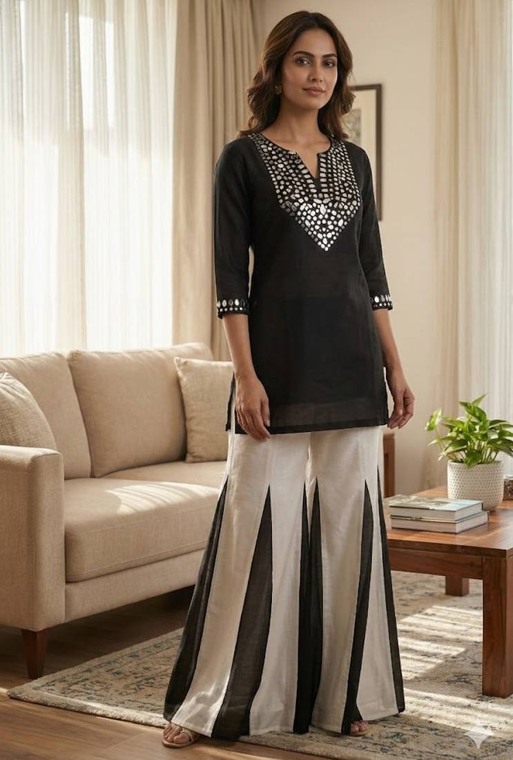 Black vichitra silk mirror work set