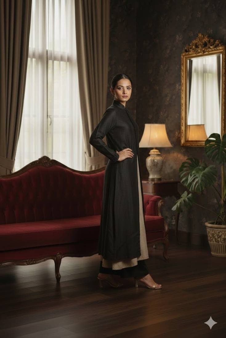 Black & beige vichitra silk jacket set