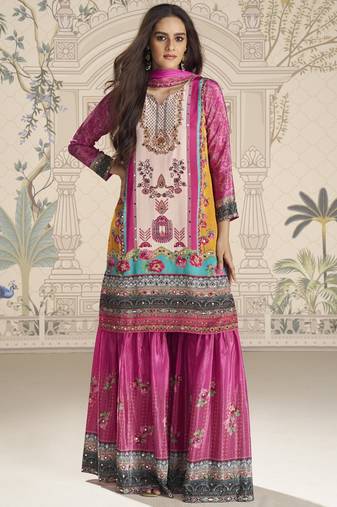 Pink crerpe silk mirror work designer plazzo suit