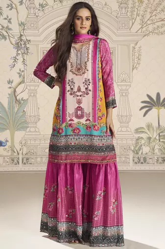 Pink crerpe silk mirror work designer plazzo suit