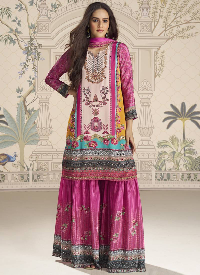 Pink crerpe silk mirror work designer plazzo suit