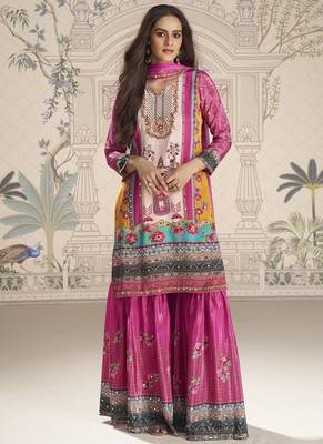 Pink crerpe silk mirror work designer plazzo suit 2