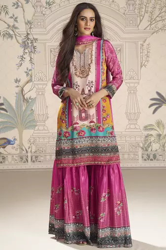 Pink crerpe silk mirror work designer plazzo suit