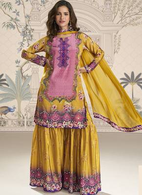 Yellow crerpe silk mirror work designer palazzo suit 1