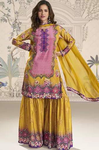 Yellow crerpe silk mirror work designer plazzo suit