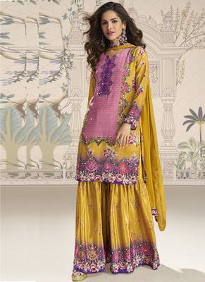 Yellow crerpe silk mirror work designer palazzo suit 2