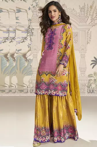 Yellow crerpe silk mirror work designer palazzo suit