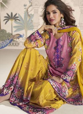 Yellow crerpe silk mirror work designer palazzo suit 3