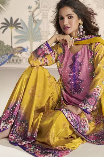 Yellow crerpe silk mirror work designer palazzo suit