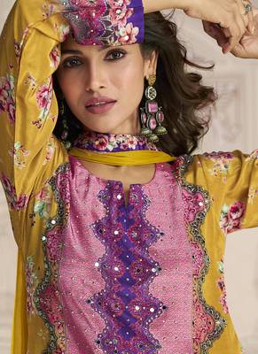 Yellow crerpe silk mirror work designer palazzo suit 4