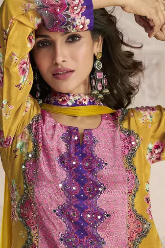 Yellow crerpe silk mirror work designer palazzo suit