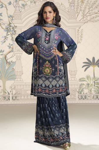 Blue crerpe silk mirror work designer plazzo suit