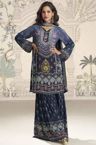 Blue crerpe silk mirror work designer plazzo suit