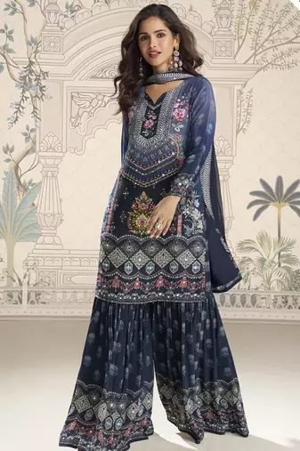 Blue crerpe silk mirror work designer palazzo suit