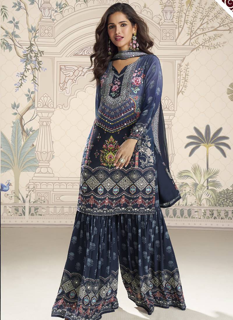 Blue crerpe silk mirror work designer plazzo suit