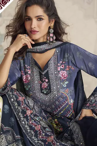 Blue crerpe silk mirror work designer palazzo suit