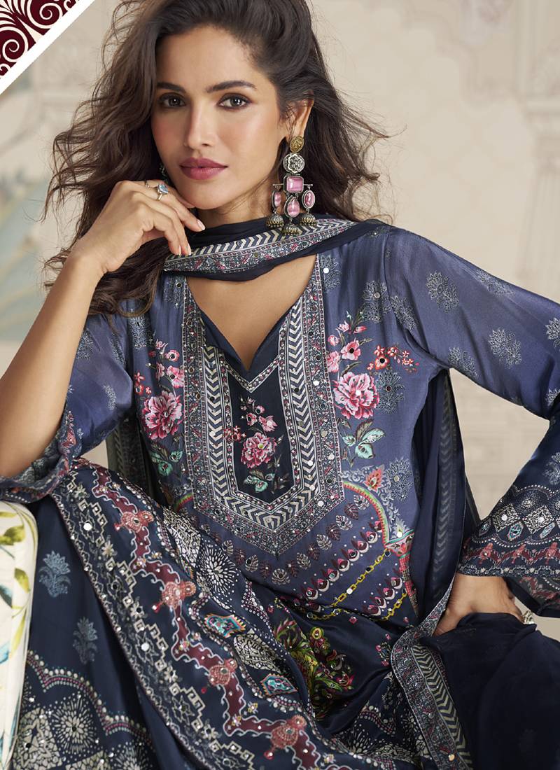 Blue crerpe silk mirror work designer plazzo suit