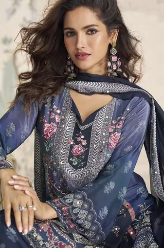 Blue crerpe silk mirror work designer palazzo suit