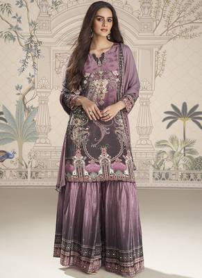 Onion pink crerpe silk mirror work designer palazzo suit 1
