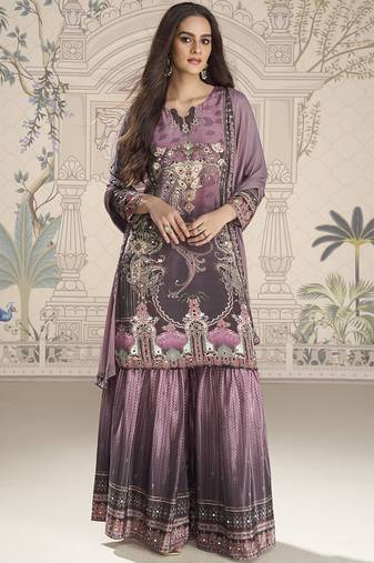 Onion pink crerpe silk mirror work designer plazzo suit