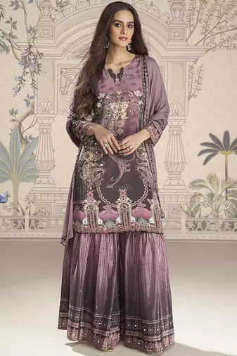 Onion pink crerpe silk mirror work designer plazzo suit
