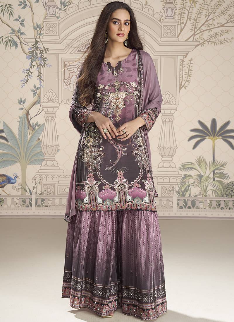 Onion pink crerpe silk mirror work designer plazzo suit