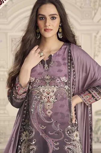 Onion pink crerpe silk mirror work designer palazzo suit