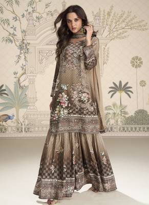 Beige crerpe silk mirror work designer palazzo suit 1
