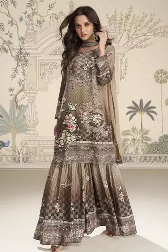 Beige crerpe silk mirror work designer plazzo suit