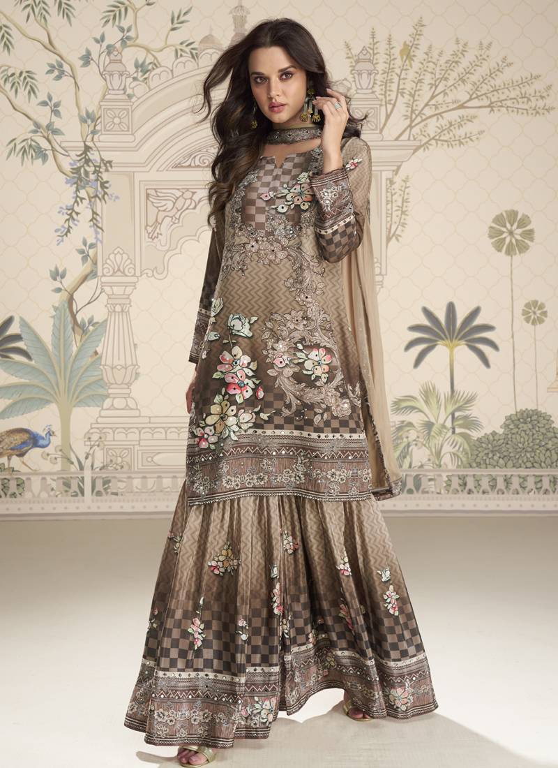Beige crerpe silk mirror work designer plazzo suit