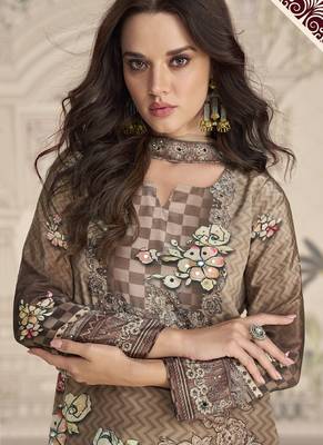 Beige crerpe silk mirror work designer palazzo suit 2