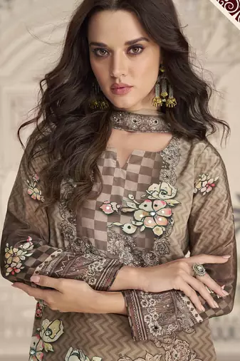 Beige crerpe silk mirror work designer palazzo suit