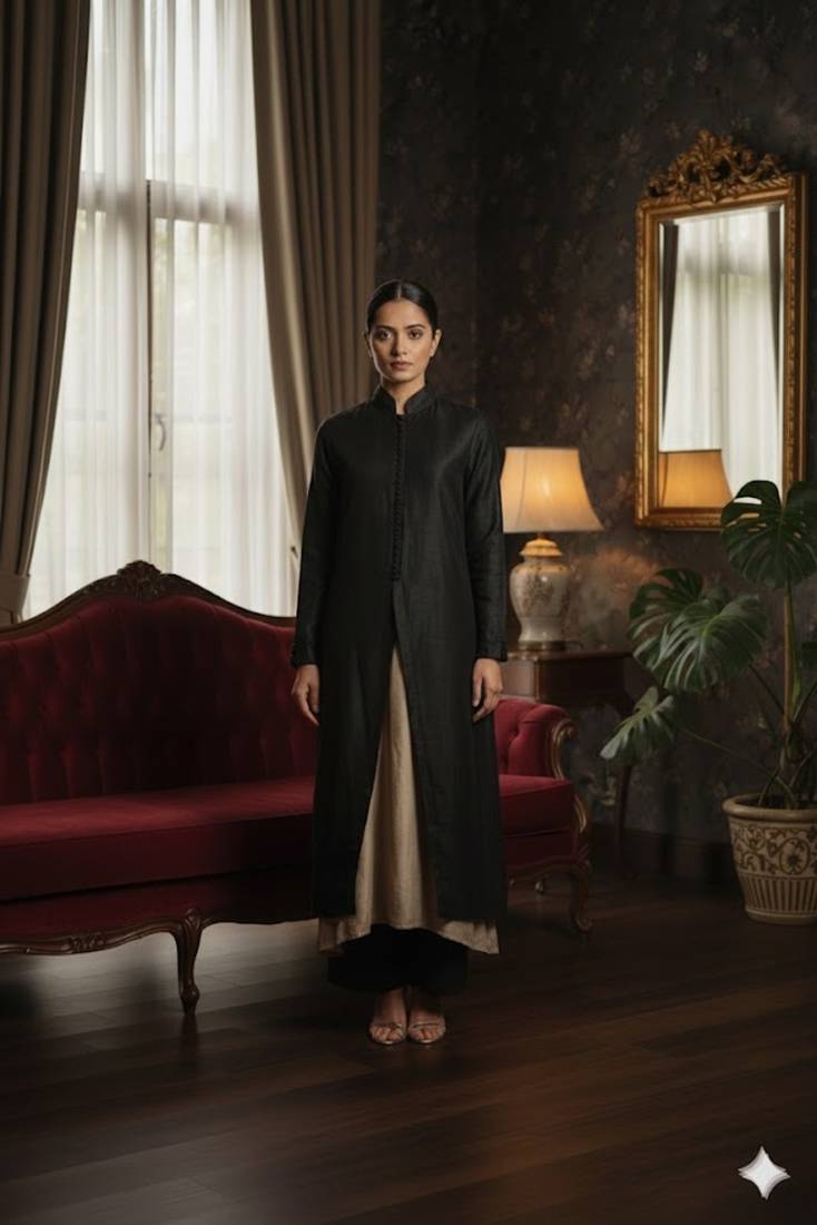 Black & beige vichitra silk jacket set