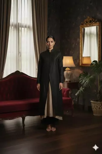 Black & beige vichitra silk jacket set