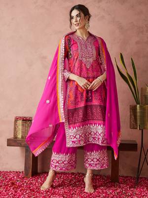 faux georgette fabric zari embroidery straight suit with dupatta 1
