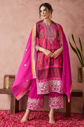faux georgette fabric zari embroidery straight suit with dupatta