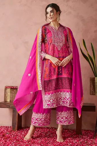 faux georgette fabric zari embroidery straight suit with dupatta