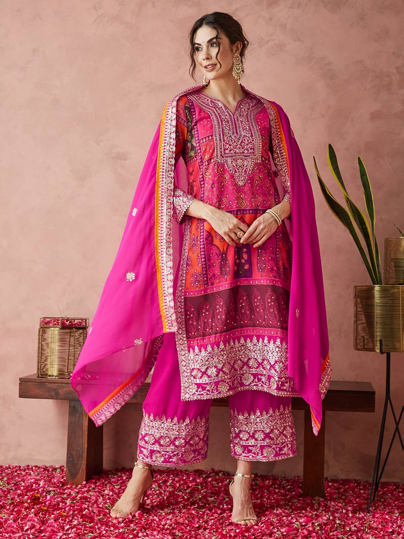 faux georgette fabric zari embroidery straight suit with dupatta