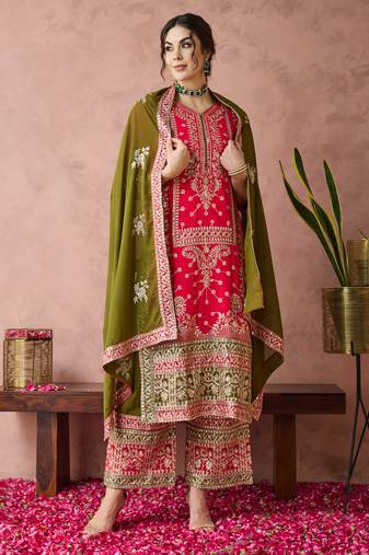 Pink faux georgette fabric zari embroidery straight suit with dupatta