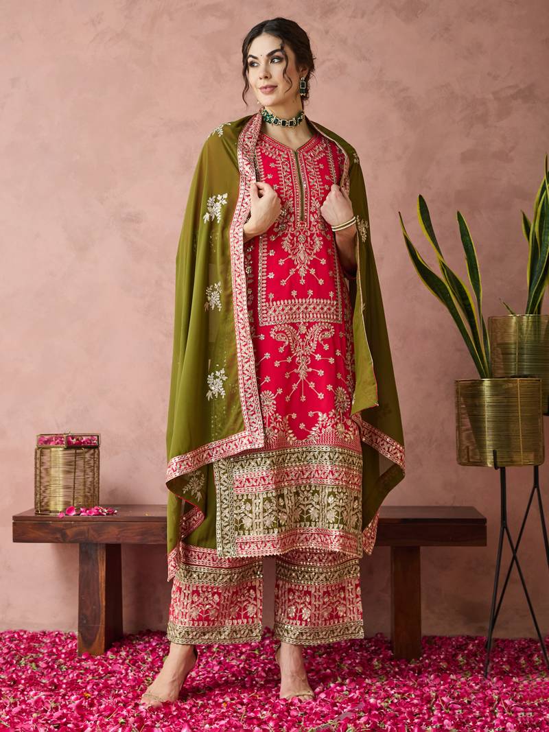 Pink faux georgette fabric zari embroidery straight suit with dupatta