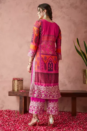faux georgette fabric zari embroidery straight suit with dupatta