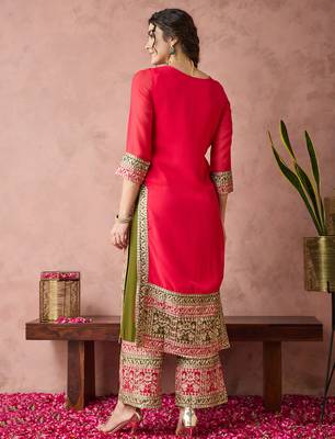 Pink faux georgette fabric zari embroidery straight suit with dupatta 2